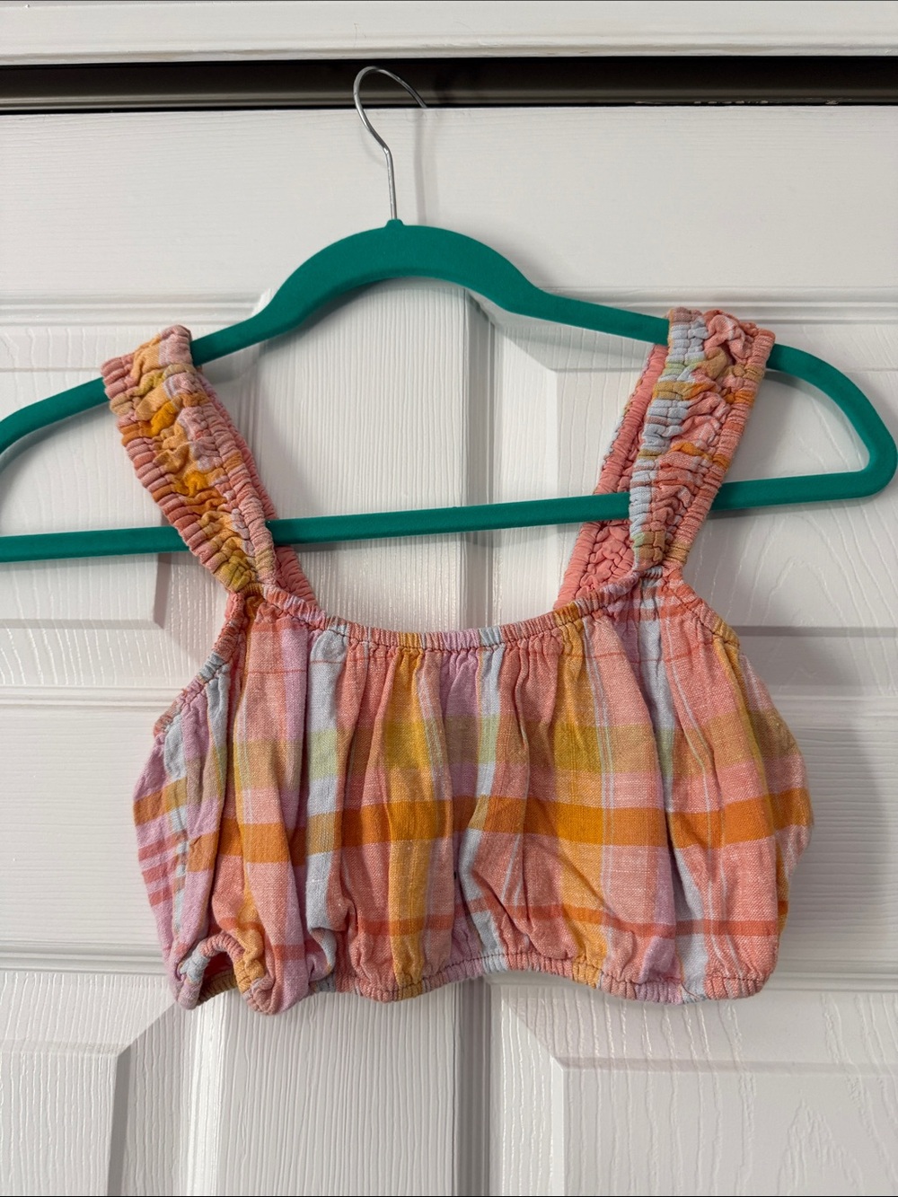 Women’s Pink Plaid Smocked Strap Crop Top